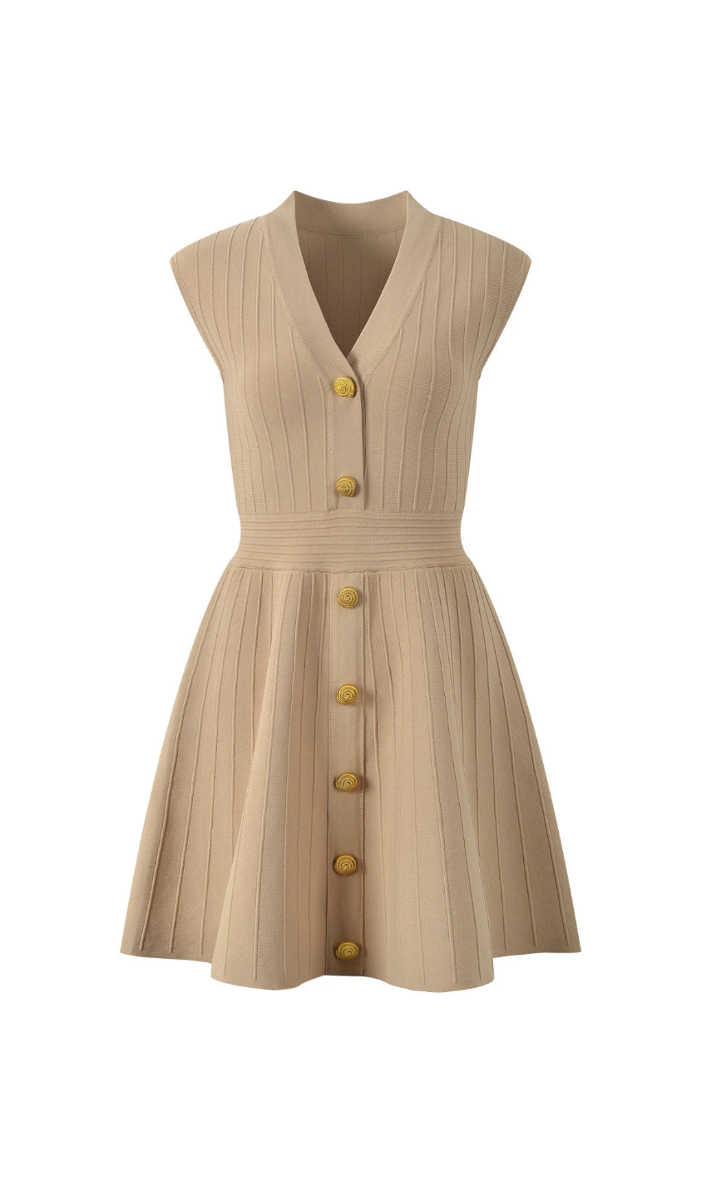 Helen Chic Ribbed Knit Sleeveless Mini Dress with Gold Buttons
