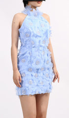 Georgiy Dazzling Blue Halter Floral Sequin Mini Dress