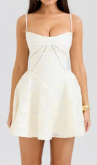 Didina Chic White Floral Jacquard Mini Dress with Corset-Inspired Bodice