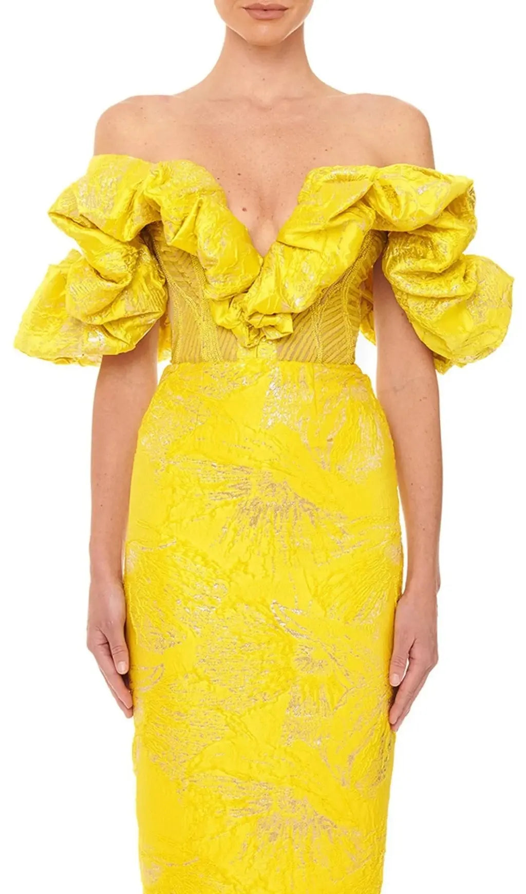 Radiant Yellow Jacquard Off-Shoulder Midi Dress with Statement Ruffle Sleeves