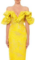 Radiant Yellow Jacquard Off-Shoulder Midi Dress with Statement Ruffle Sleeves