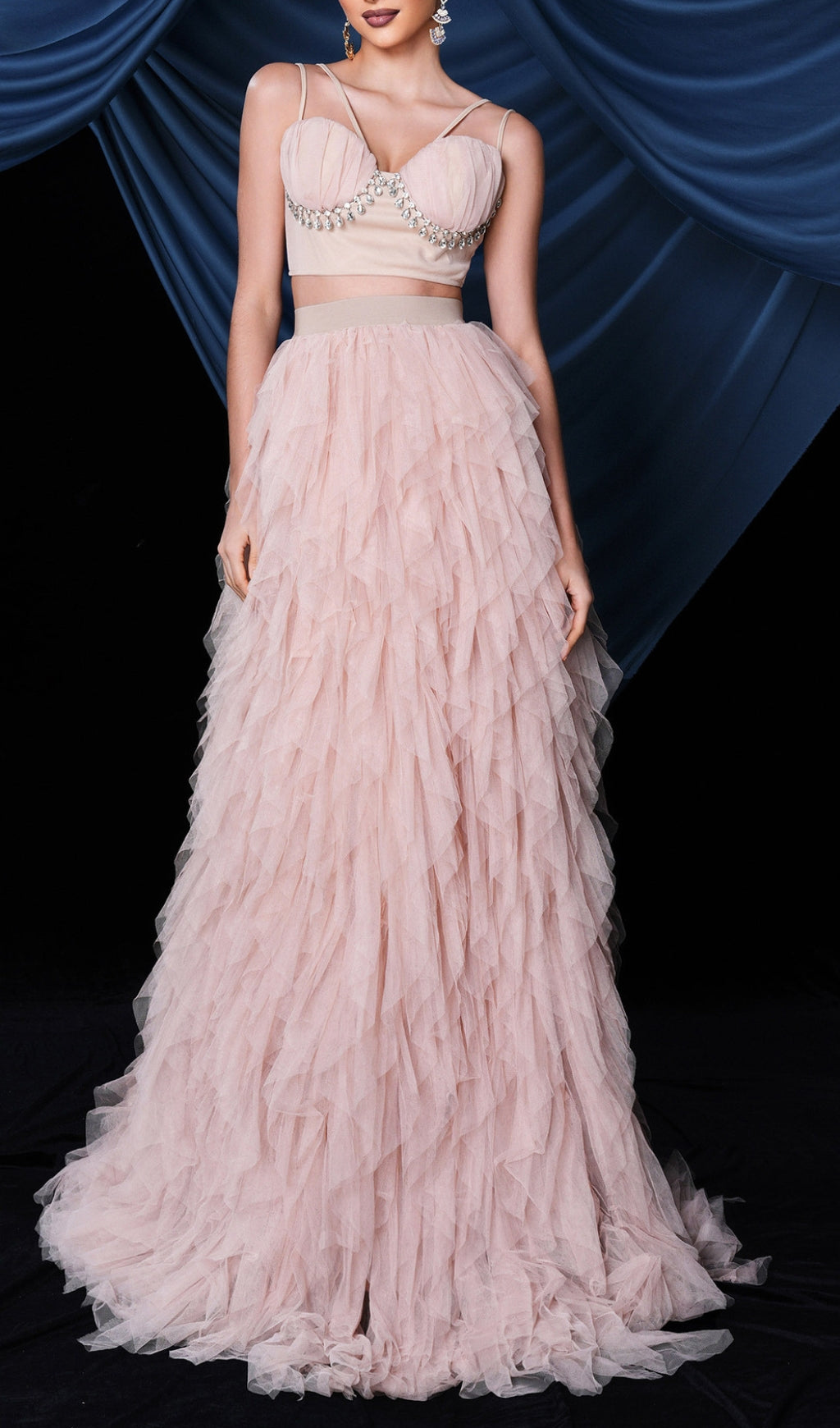 Blakely Crystal Bustier Crop Top & Tiered Tulle Maxi Skirt Set