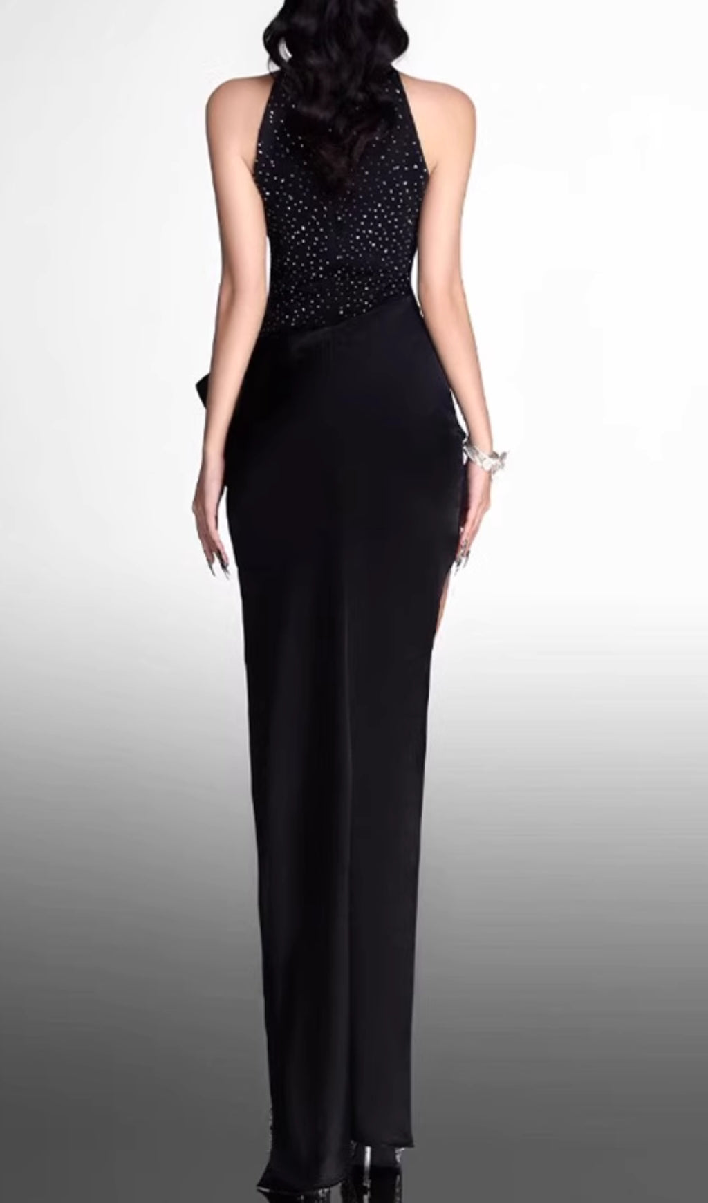 Ela Black Halter Sparkle Maxi Dress with Dramatic Thigh Slit