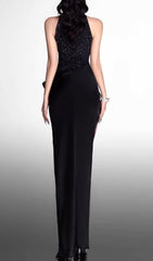 Ela Black Halter Sparkle Maxi Dress with Dramatic Thigh Slit