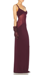 Glamorous Burgundy Mesh Illusion Maxi Dress