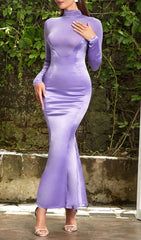 Cyra Luxurious Purple Satin Long Sleeve Maxi Dress
