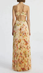 Elvan Floral Pleated Backless Maxi Dress with Chic Cutouts