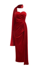 Enye Luxe Red Velvet Strapless Maxi Gown with Statement Rosette & High Slit