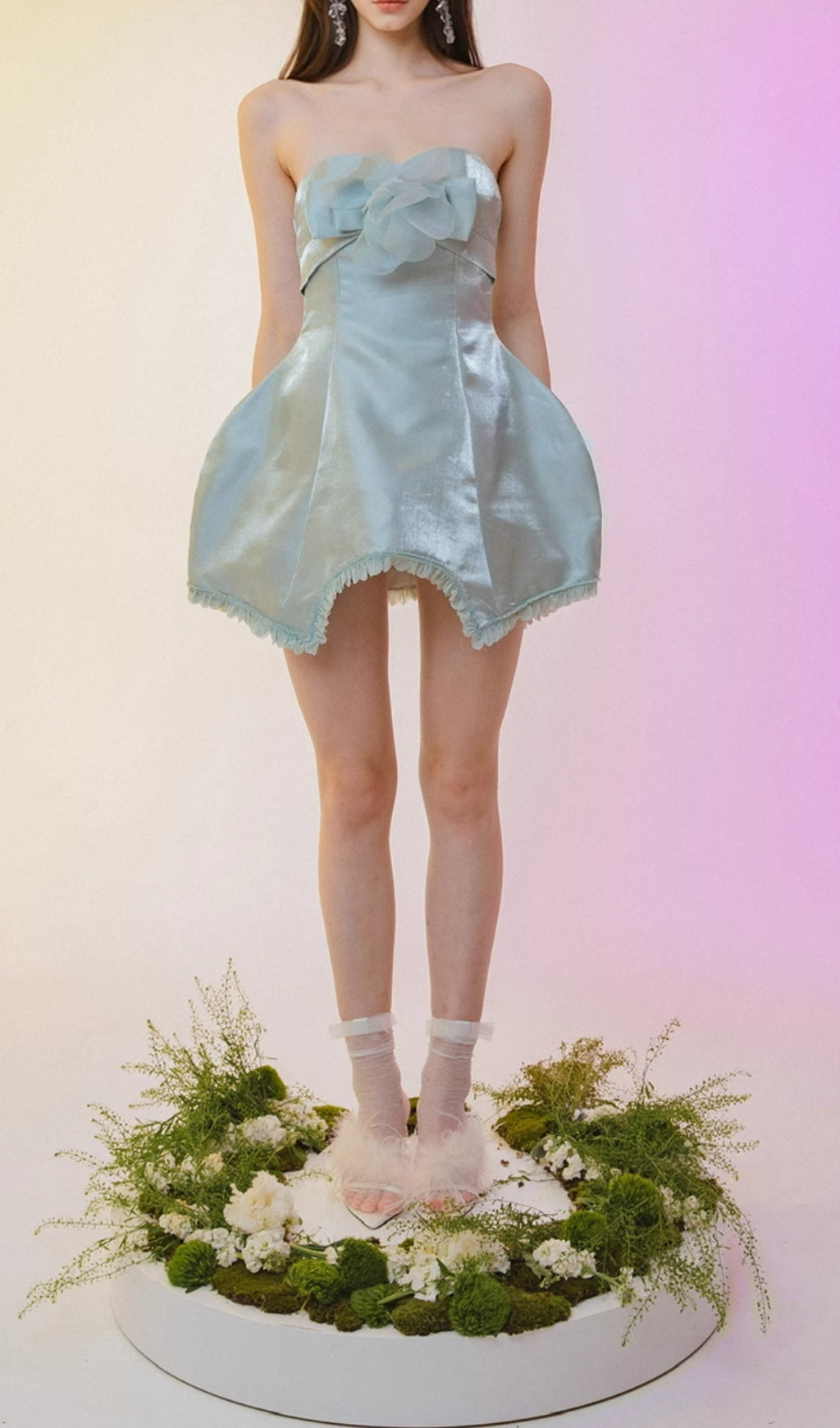 Chickoa Dreamy Mint Strapless Floral Mini Dress