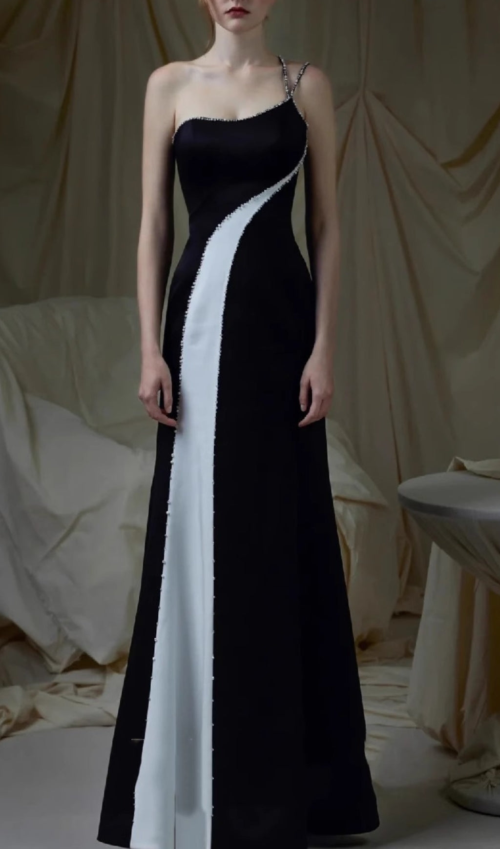 Erika Black & White Asymmetrical Embellished Maxi Dress