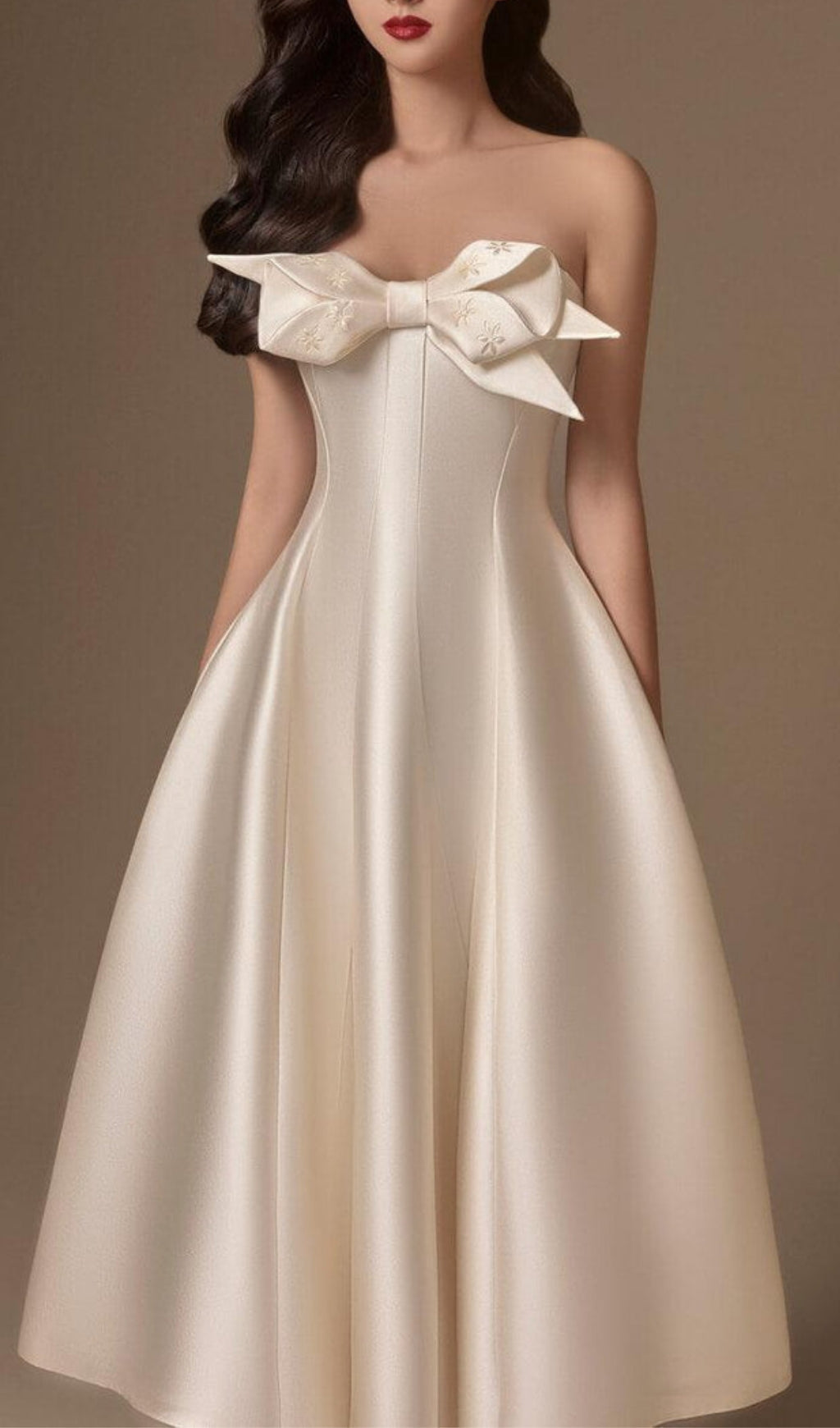 Avani Elegant Taffeta Strapless Midi Dress with Statement Bow