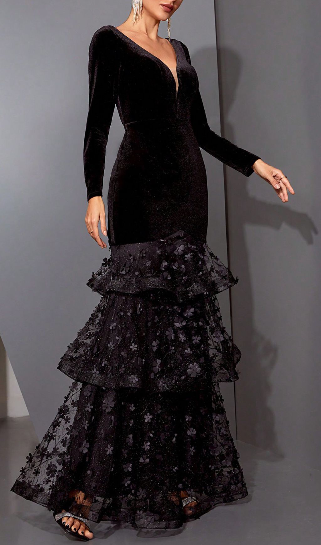 Hermine Black Velvet & Floral Mesh Long Sleeve Mermaid Evening Gown