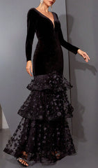 Hermine Black Velvet & Floral Mesh Long Sleeve Mermaid Evening Gown