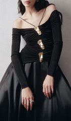 Cailin Gold-Embellished Off-Shoulder Ruched Maxi Dress