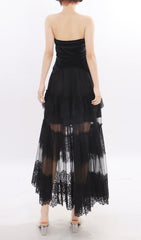 Kaliyah Black Strapless Sweetheart Velvet & Sheer Lace Maxi Dress