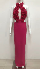 Showstopping Fuchsia 3D Floral Halter Neck Bandage Maxi Dress