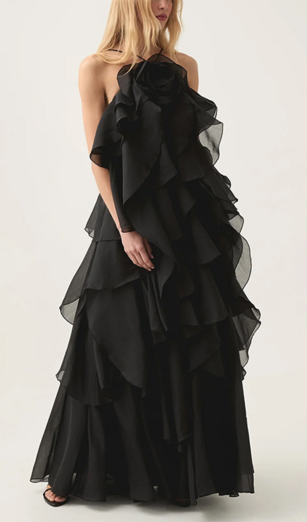 Cambree Elegant Black Halter Ruffle Maxi Dress
