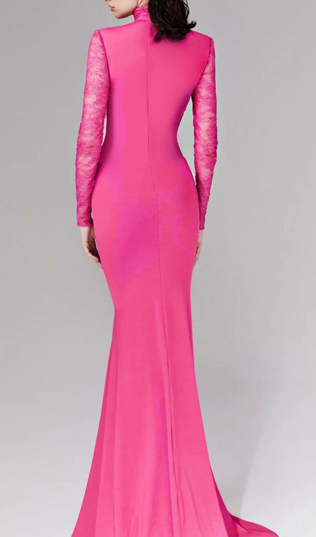 Christa Hot Pink Draped Maxi Gown with Sheer Lace Sleeves