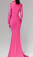 Christa Hot Pink Draped Maxi Gown with Sheer Lace Sleeves