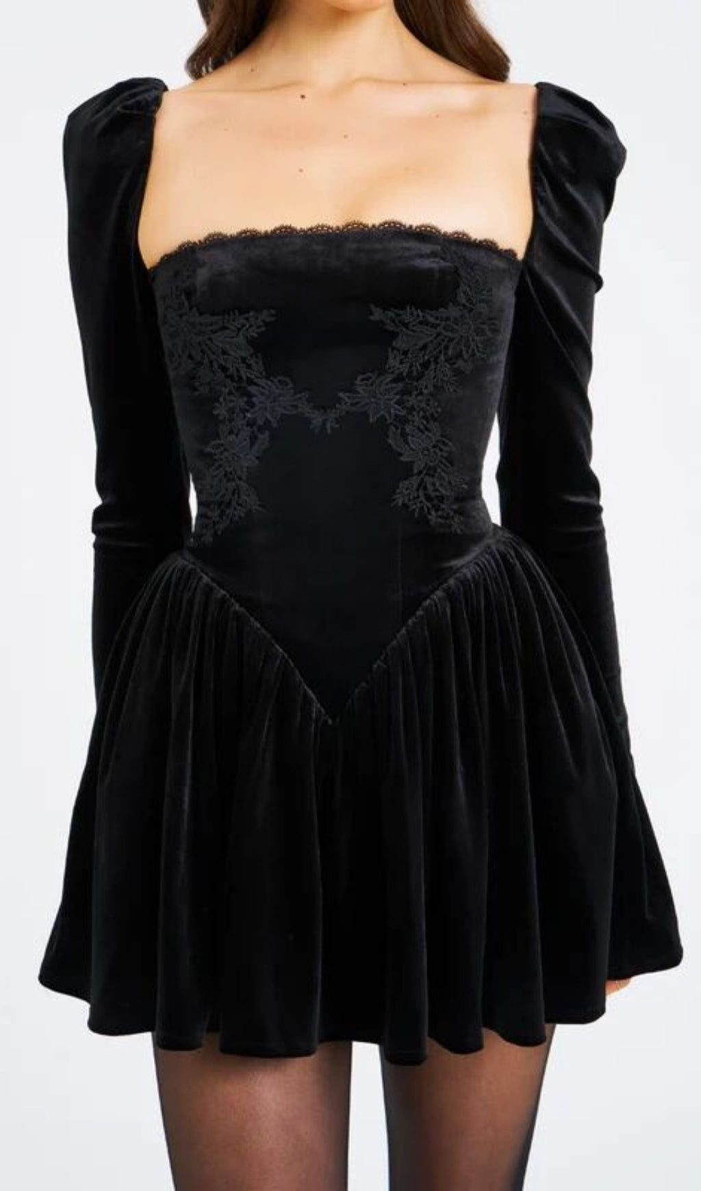Carlyn Chic Black Velvet Puffed Sleeve Mini Dress