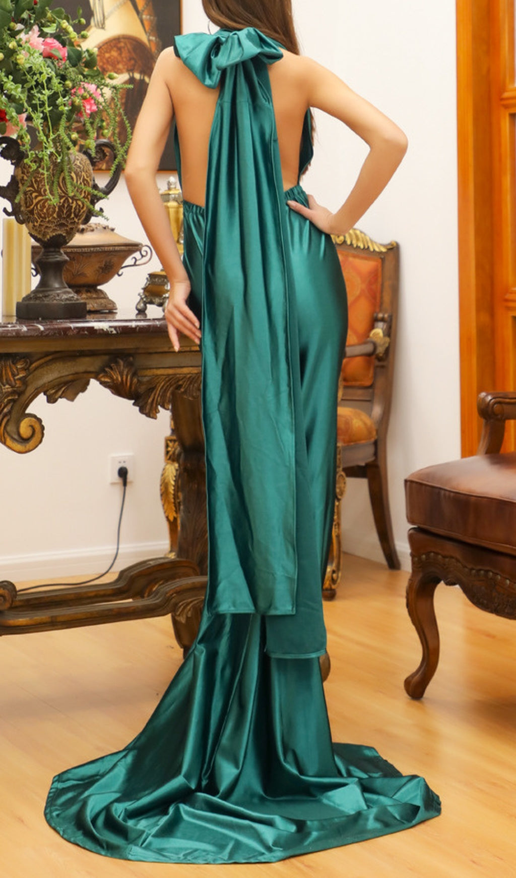 Celeste Halter Plunge Backless Satin Maxi Dress