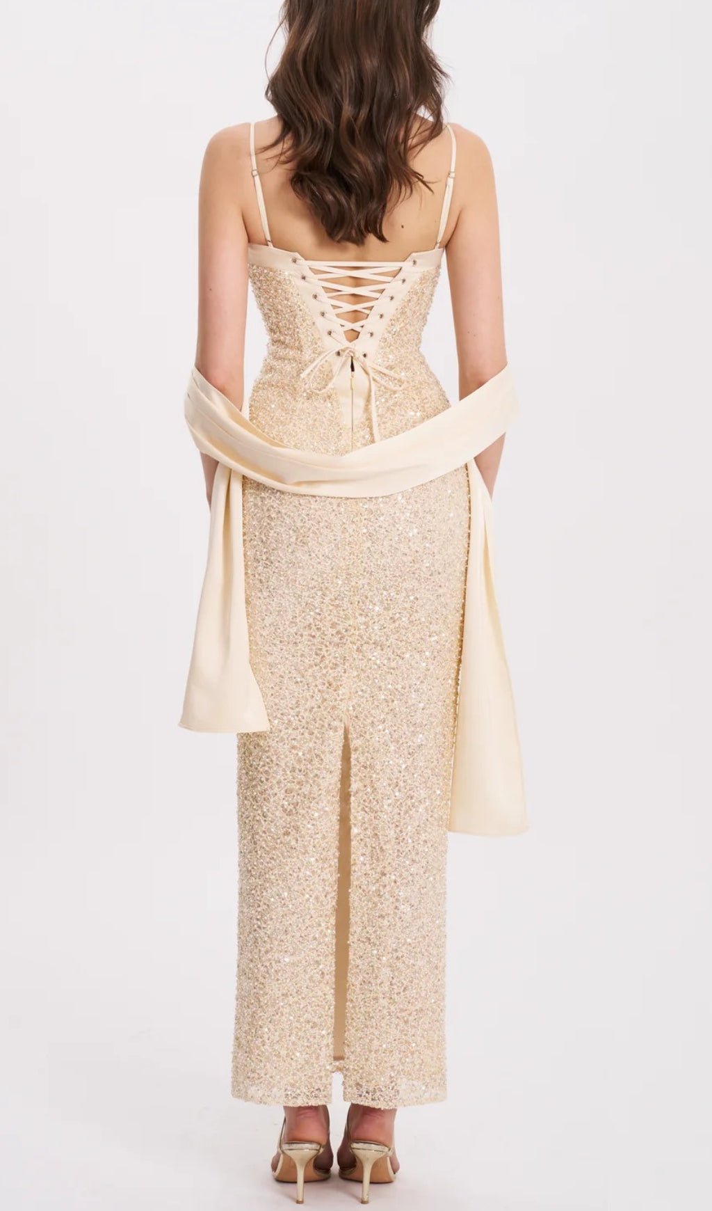 Raizel Luxe Gold Sequin & Beaded Bodycon Gown with Matching Scarf