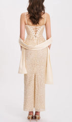 Raizel Luxe Gold Sequin & Beaded Bodycon Gown with Matching Scarf