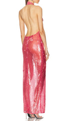Brona Rose Red Sequin Halter Maxi Dress