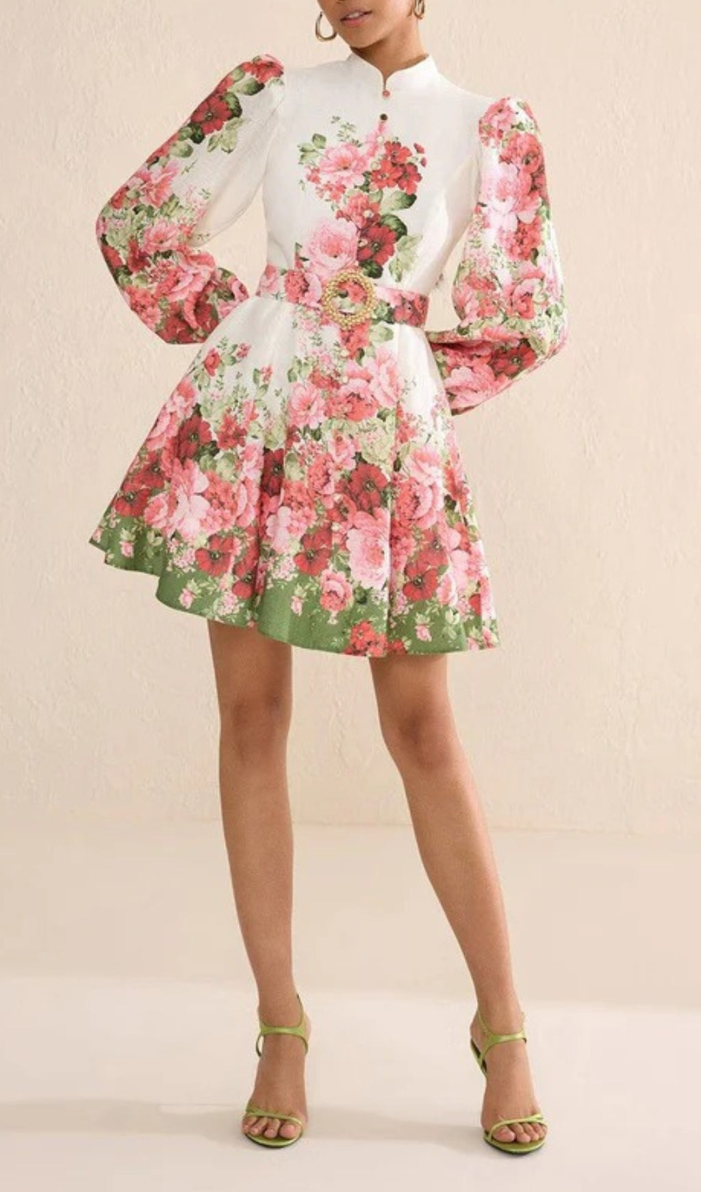 Branwen Chic Floral Mini Dress with Mandarin Collar & Belt