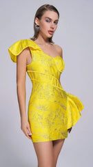 Radiant Yellow Jacquard One-Shoulder Mini Dress