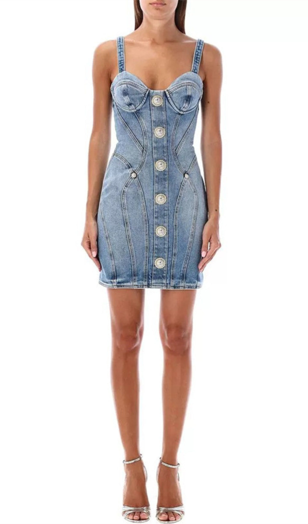 Figure-Flattering Gold-Tone Button Denim Mini Dress