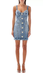 Figure-Flattering Gold-Tone Button Denim Mini Dress