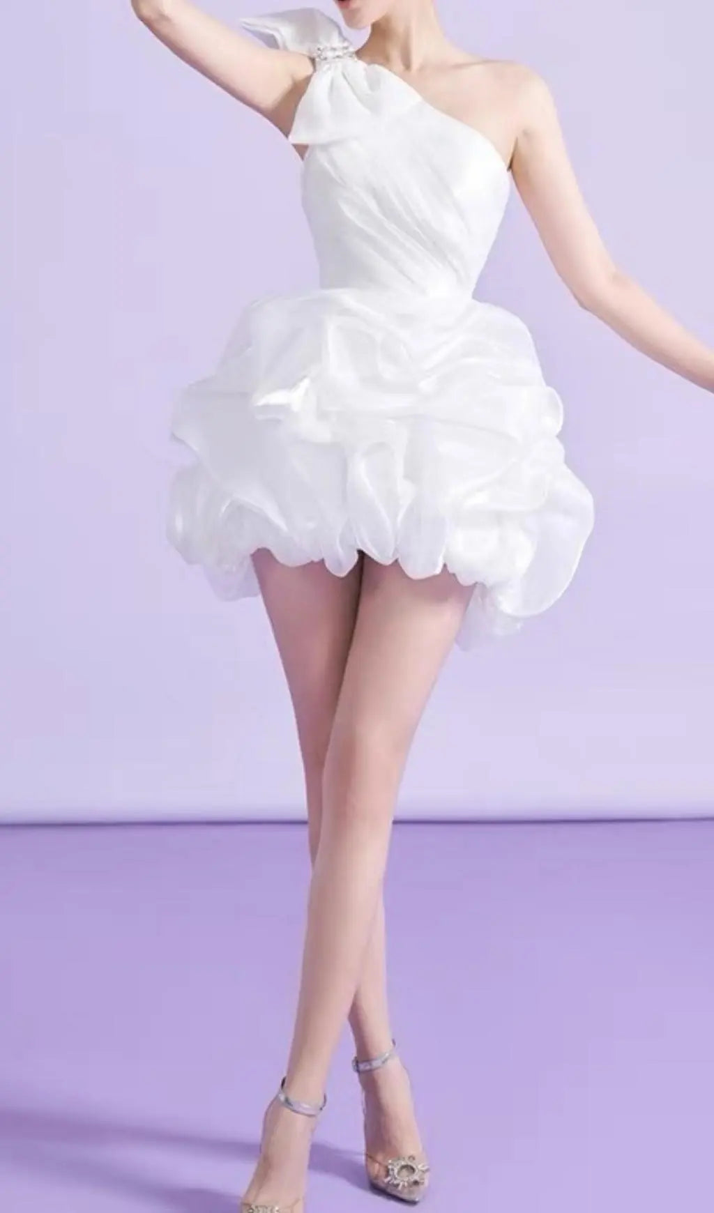 Flirty White One-Shoulder Bowknot Mini Dress