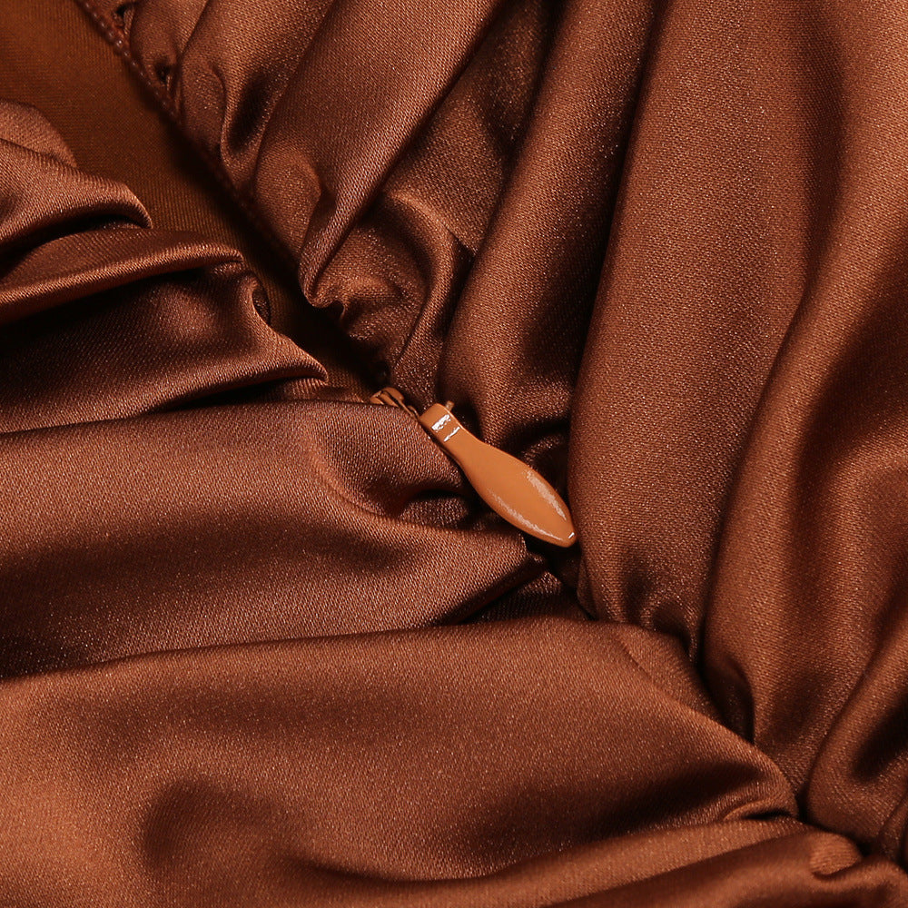 Jerom Opulent Brown Halter Ruched Mini Dress with Rosette Detail