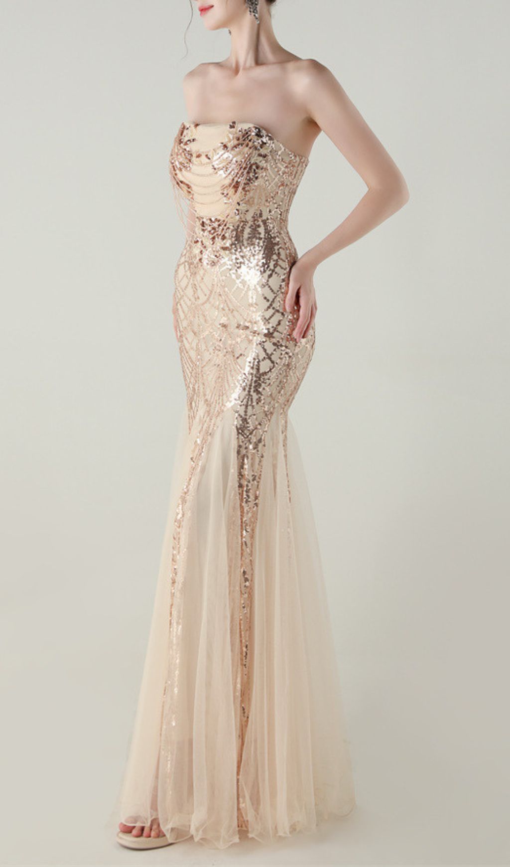 Ikuye Strapless Sequin Mesh Maxi Dress