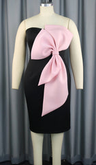 Bachue Black Strapless Midi Dress with Statement Pink Bow