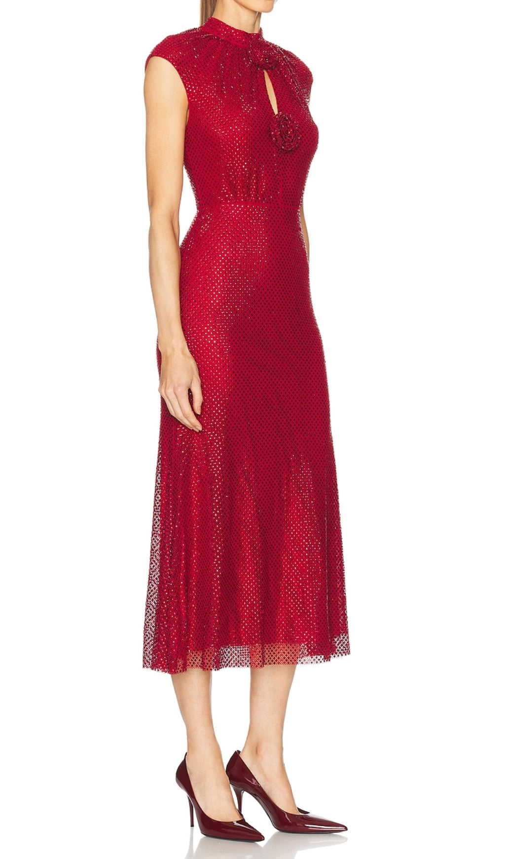 Dagfrid Radiant Red Crystal Flower Midi Dress