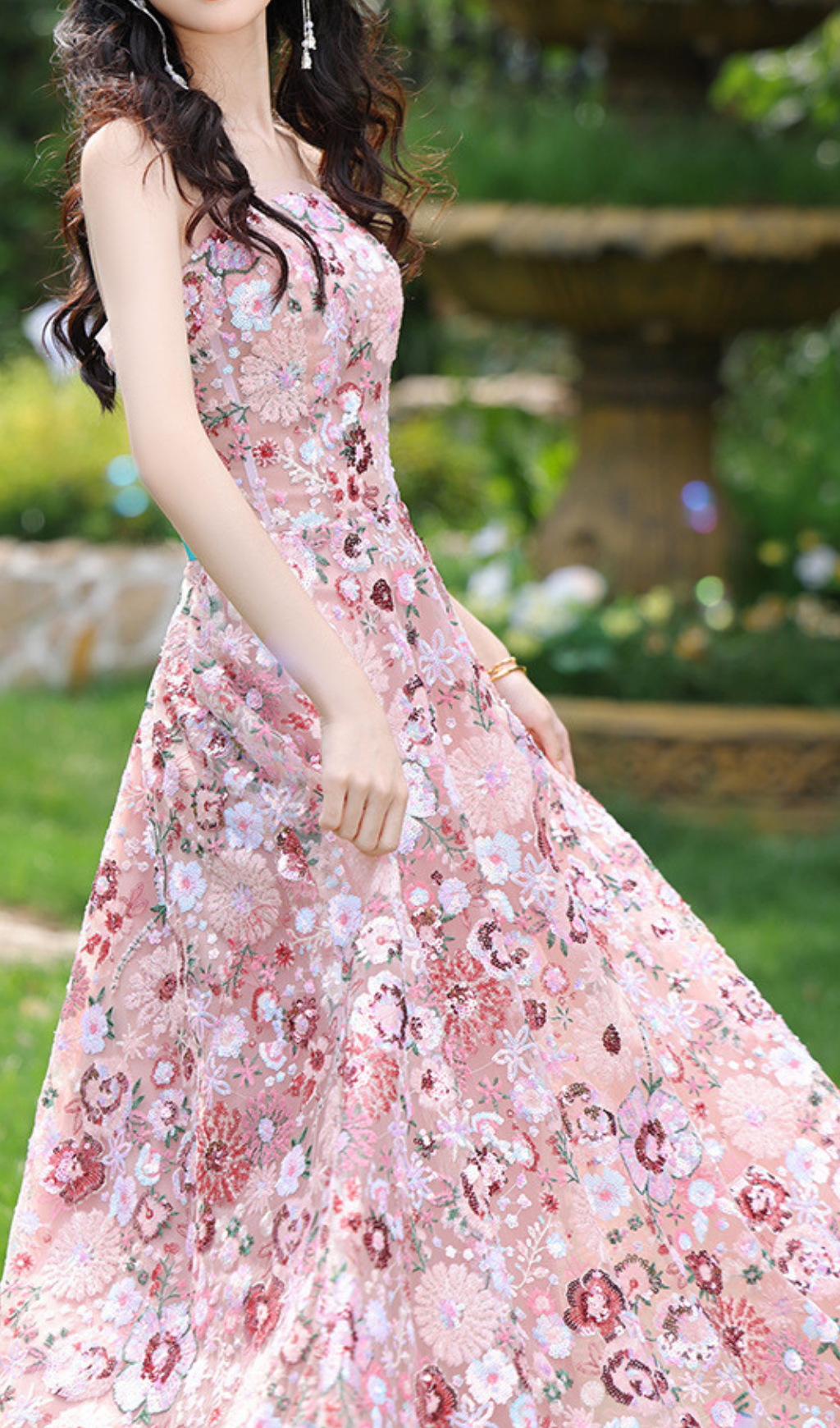 Geovany Pink Floral Sequin Strapless Maxi Dress