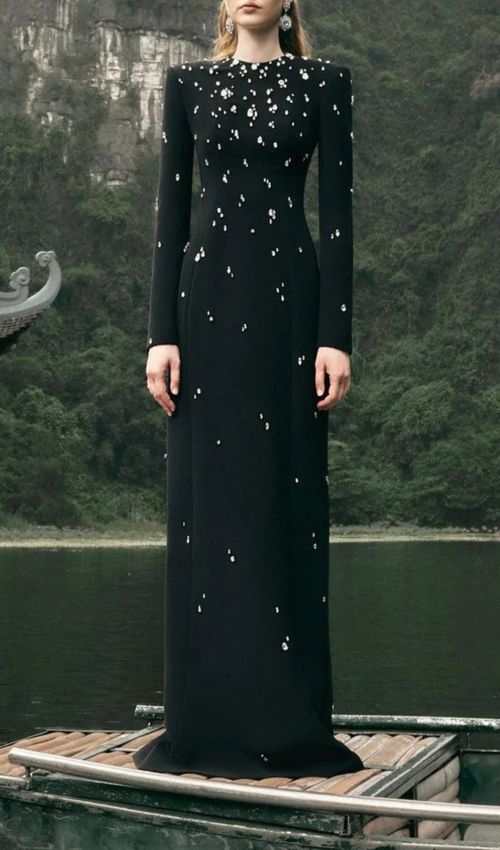 Chasen Black Crystal Embellished Maxi Gown