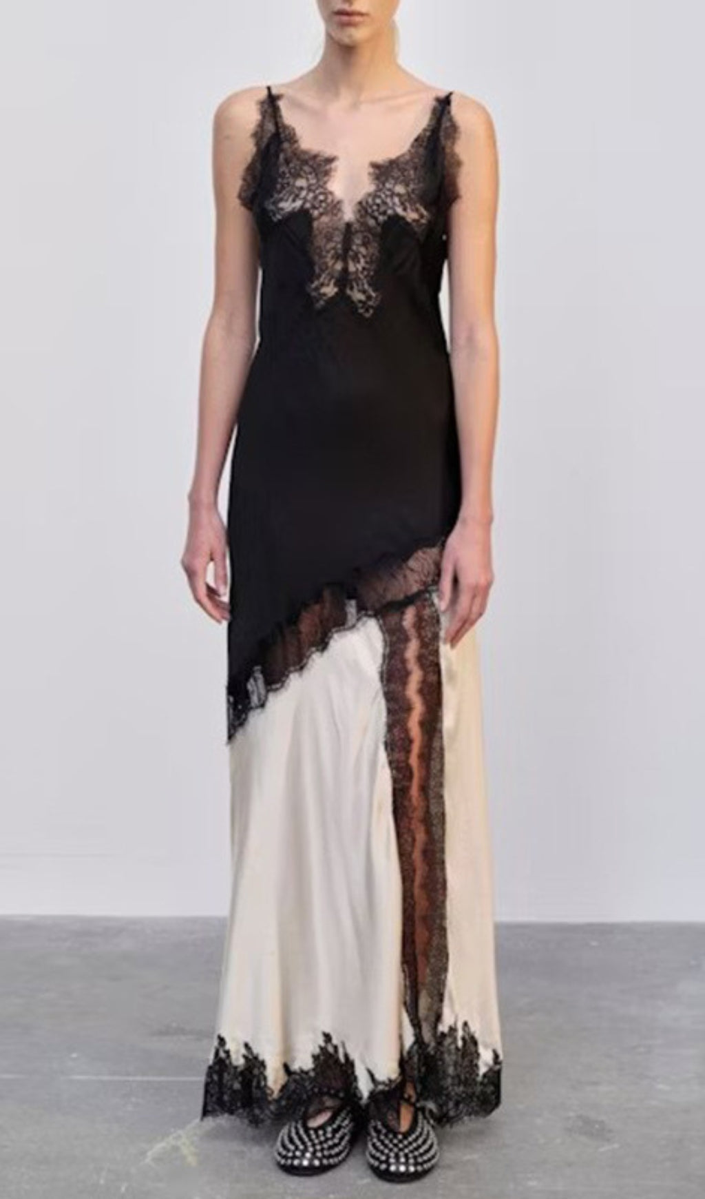 Chic Black & Cream Lace Trim Maxi Slip Dress
