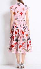 Fusca Elegant Pink Floral Belted Midi Shirtdress