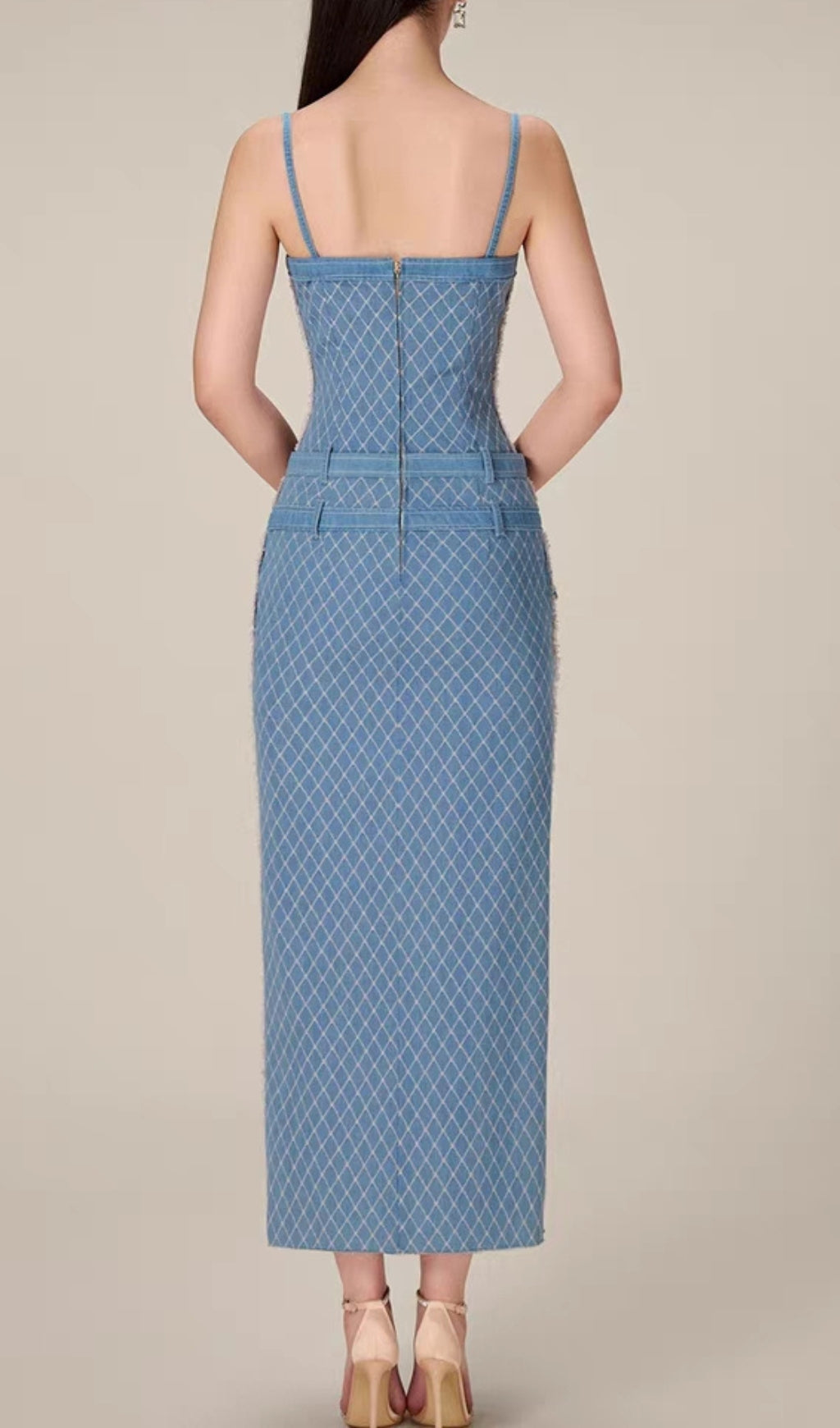 Celina Blue Quilted Denim Midi Dress