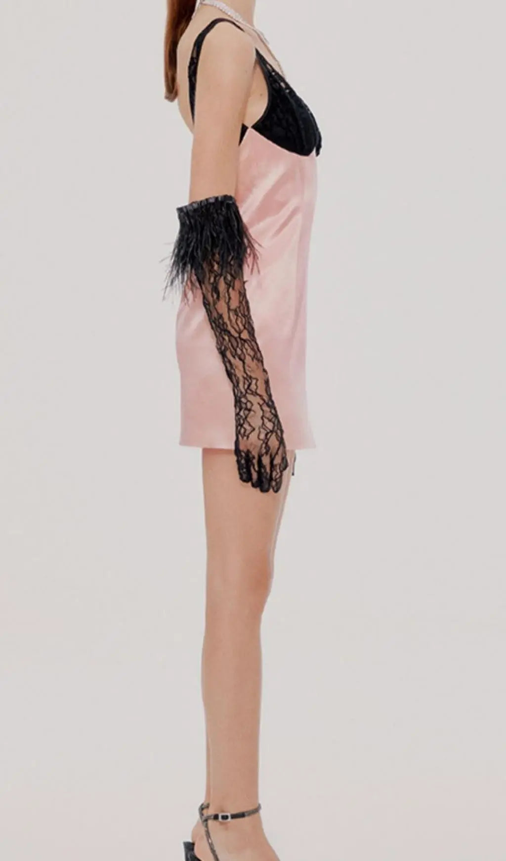 Blush Pink Satin Mini Dress with Chic Lace & Feather Gloves Set