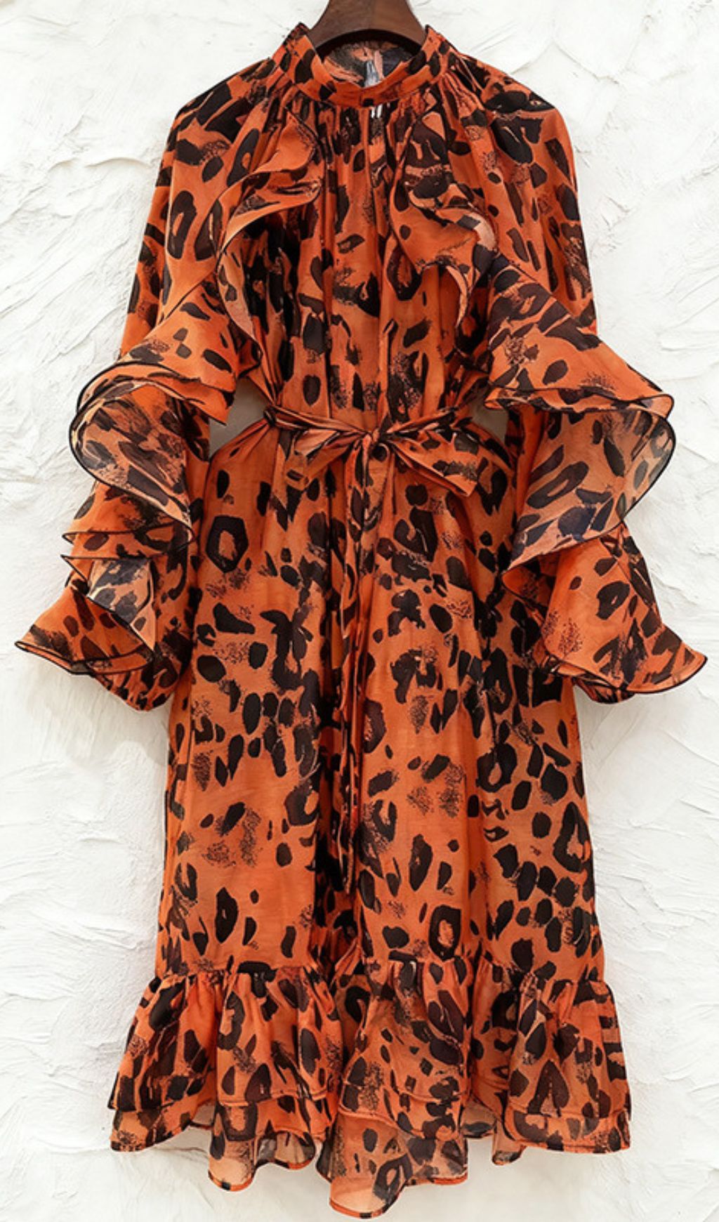 Chic Orange Leopard Ruffle Midi Dress