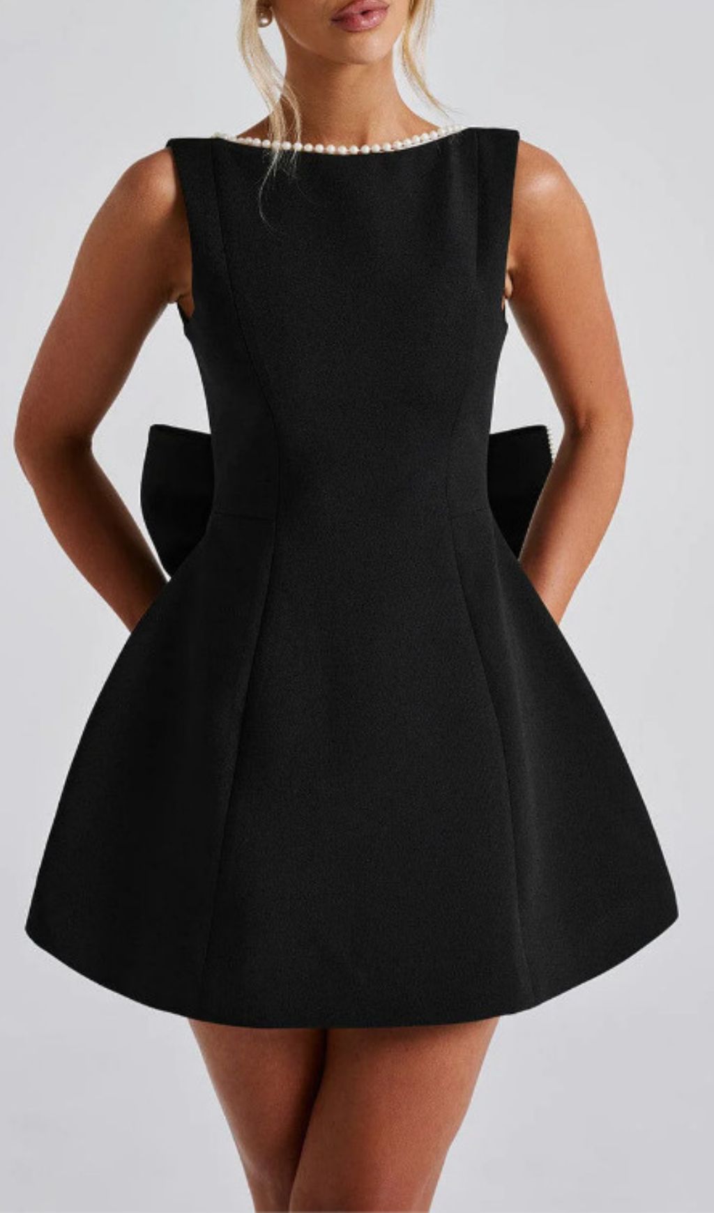 Eimear Black Pearl Backless Bow Mini Dress