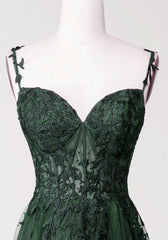 Vestido de fiesta elegante de tul con tirantes verdes y encaje 