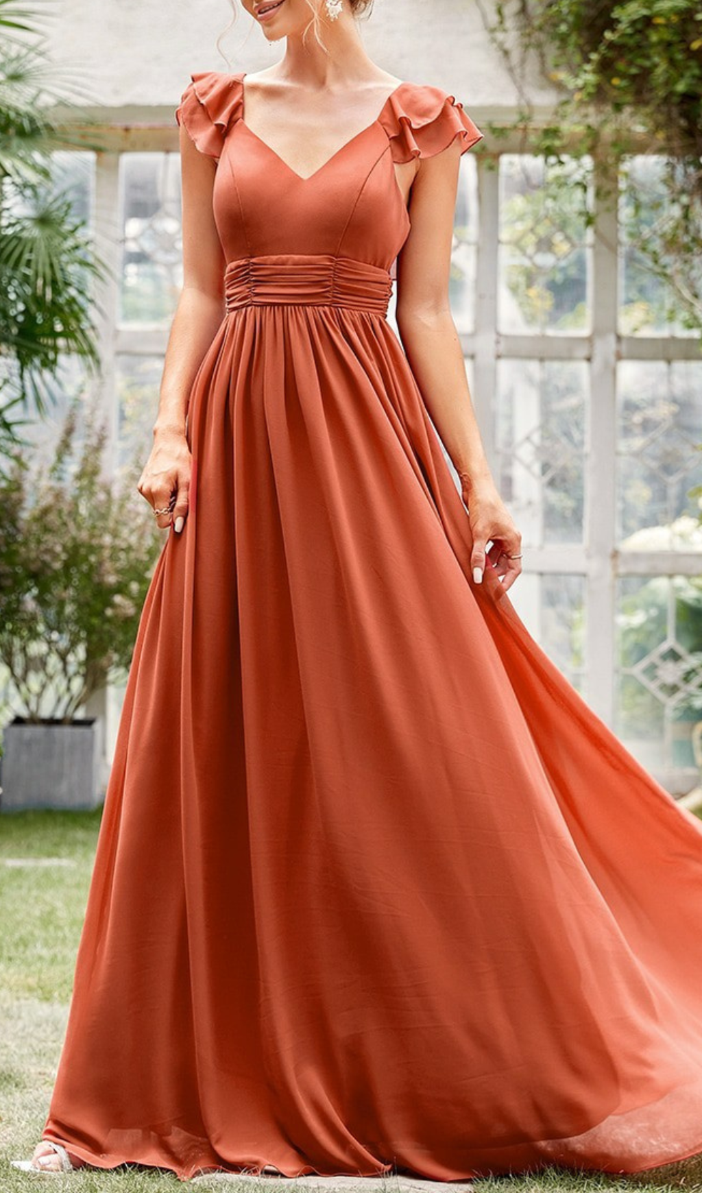 Gersemi Rust V-Neck Ruffle Maxi Dress