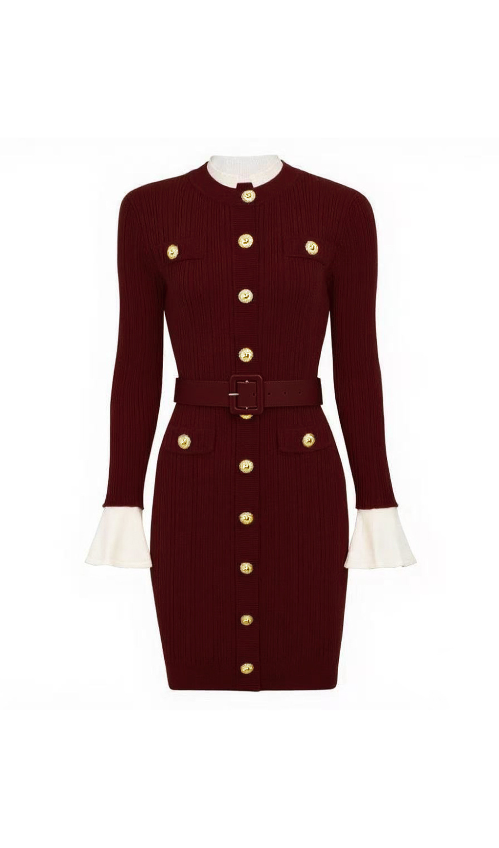 Chic Heather Knit Mini Dress with Gold Buttons & Belt