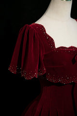 Vestido de fiesta de terciopelo rojo vino con mangas cortas y largo hasta el suelo 