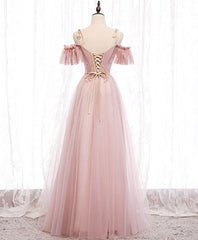 Vestido de fiesta largo rosa con escote en V, encaje y hombros descubiertos